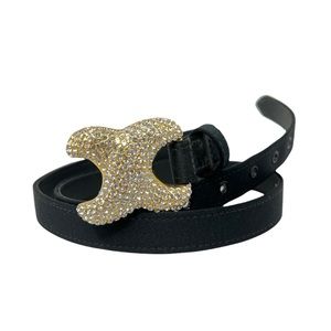 Vintage WCM New York Black Satin Skinny Belt with Crystal Encrusted Belt Buckle